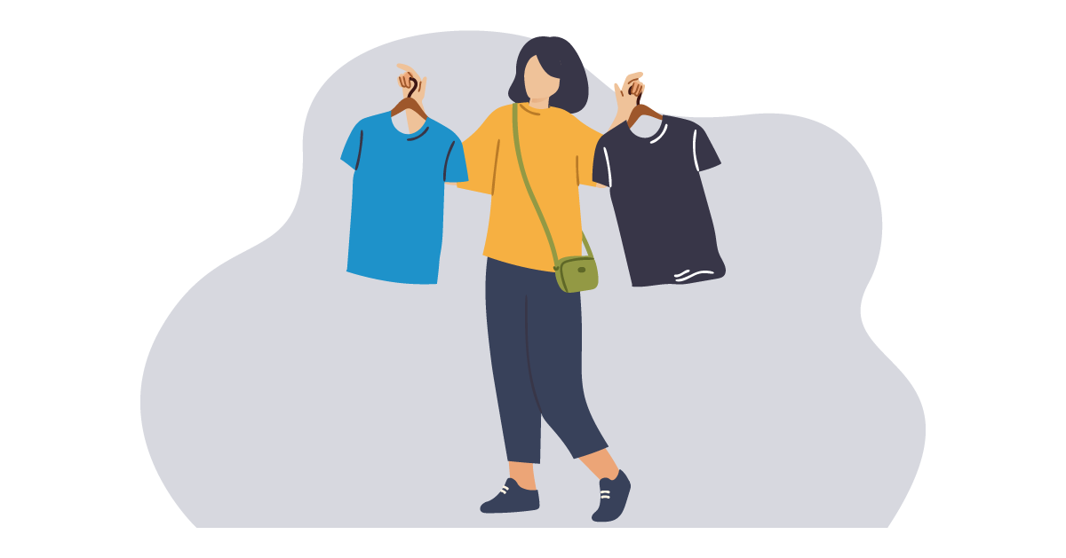 Illustration: A woman making a choice between two different t-shirts.