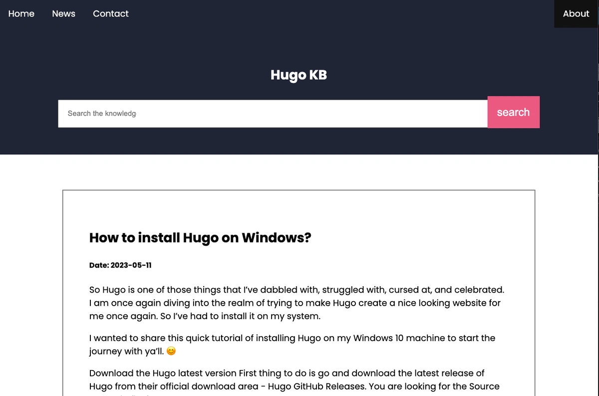 Hugo tutorial rendered individual article page