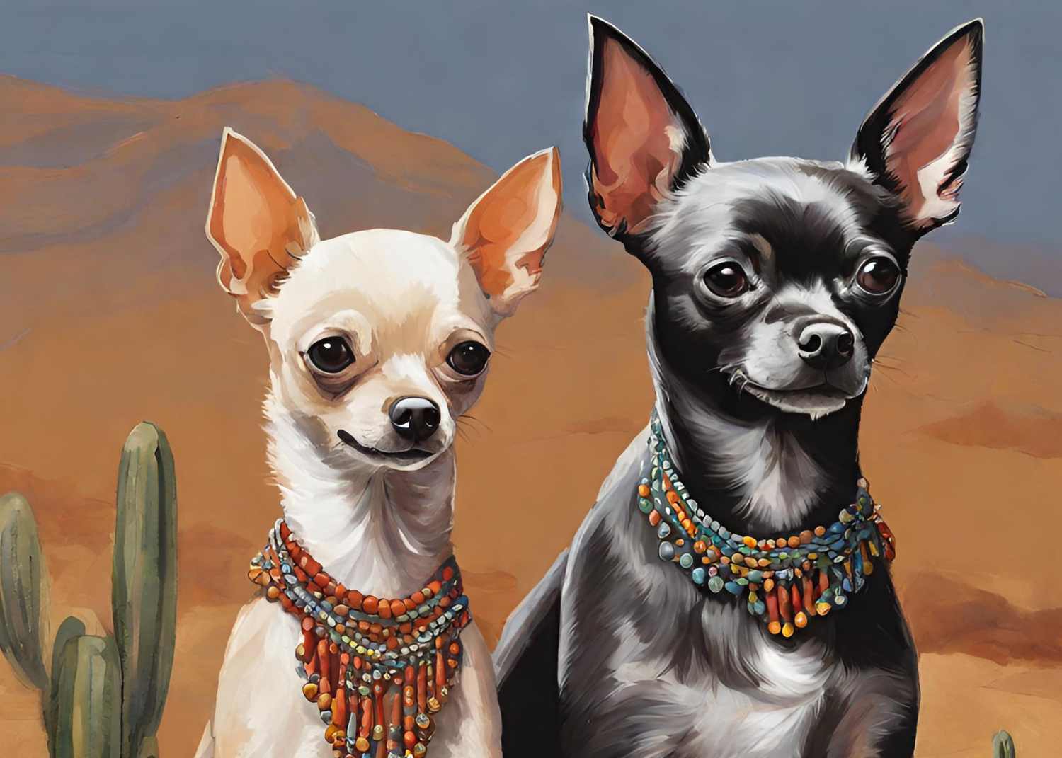 two Chihuahuas digital art with desert mountains and a cactus in the background