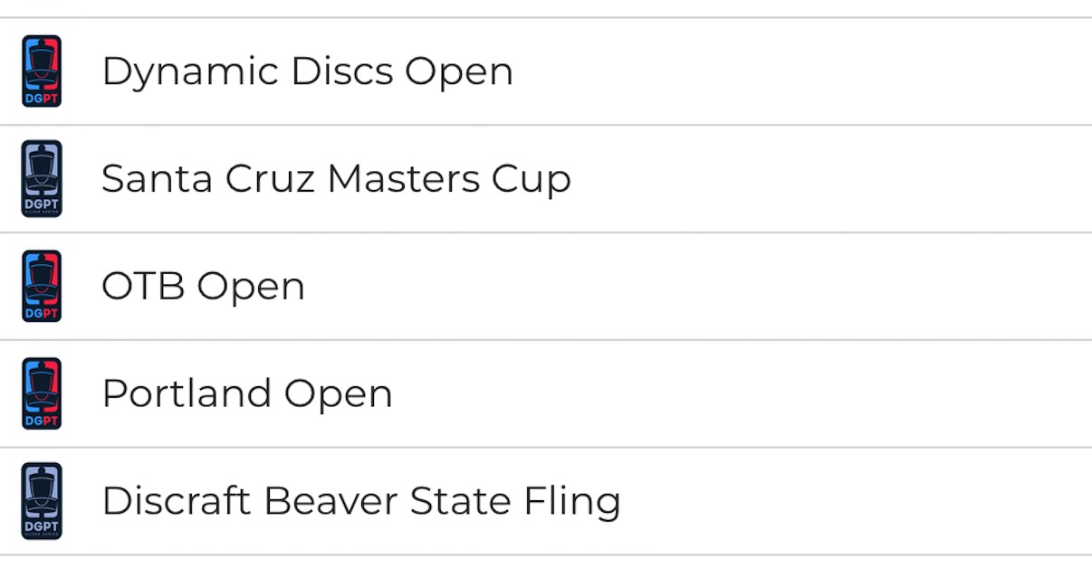 Names of different Disc Golf Pro Tour tournaments with three having a red, black, and blue logo and another having a black and silver logo
