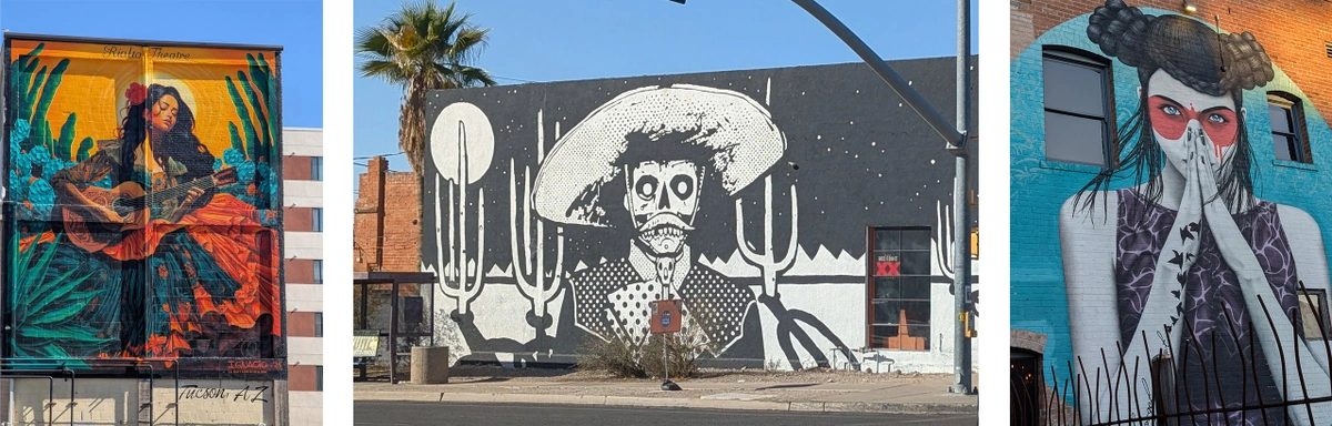 Tucson mural of a woman playing guitar, Tucson mural of a Mexican Calavera, Tucson mural of a woman with face paint