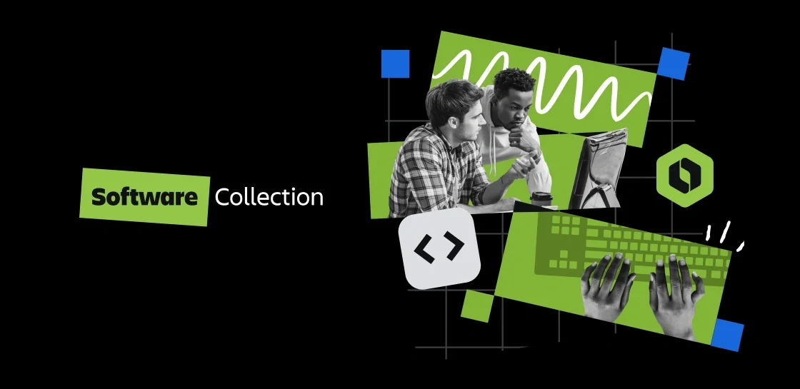 Illustration two developers collaborating at a computer, representing Atlassian Software Collection and AI development tools.