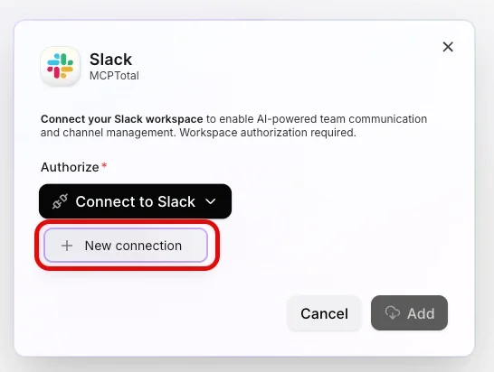 The add app information pop-up provides details about the Slack app and shows the new connection option highlighted.