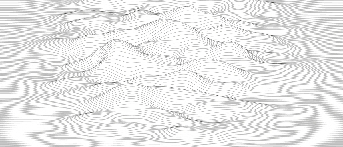 A wide, black and white image of a two-dimensional landscape made of layered line patterns that create a sense of topography or wave-like motion.