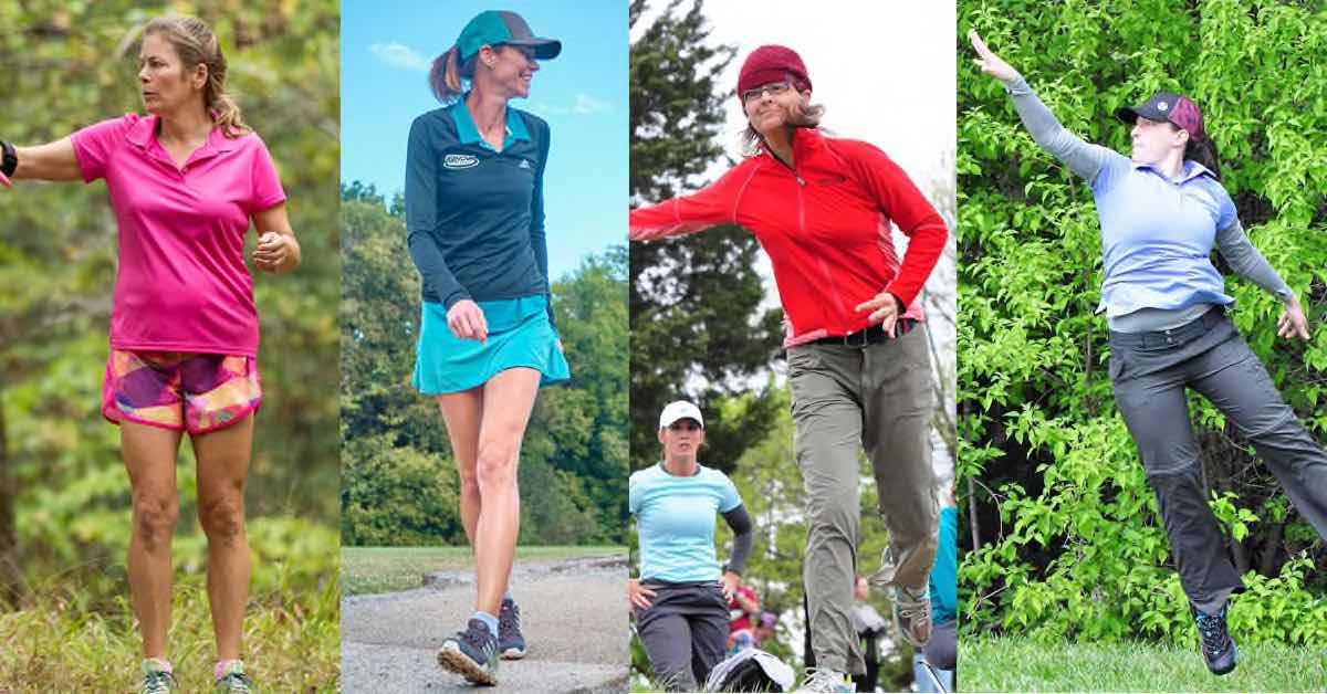 Collage of four women in disc golf settings