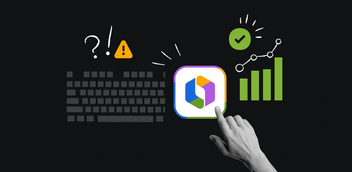 Hand pointing at AI tool icon with keyboard, warning symbol, and growth chart.