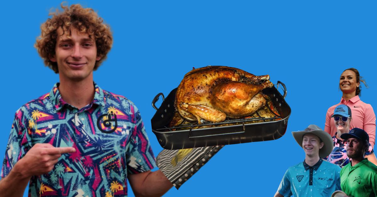 Edited image of pro disc golfer holding oven-roasted whole turkey with other disc golfers looking at turkey
