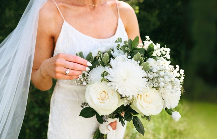 Neutral bridal bouquet with white roses, baby's breath and ruscus greenery.