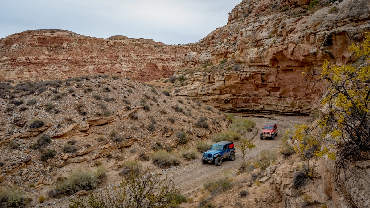 Jeeps in the wash of Shootering Canyon in southern Utah