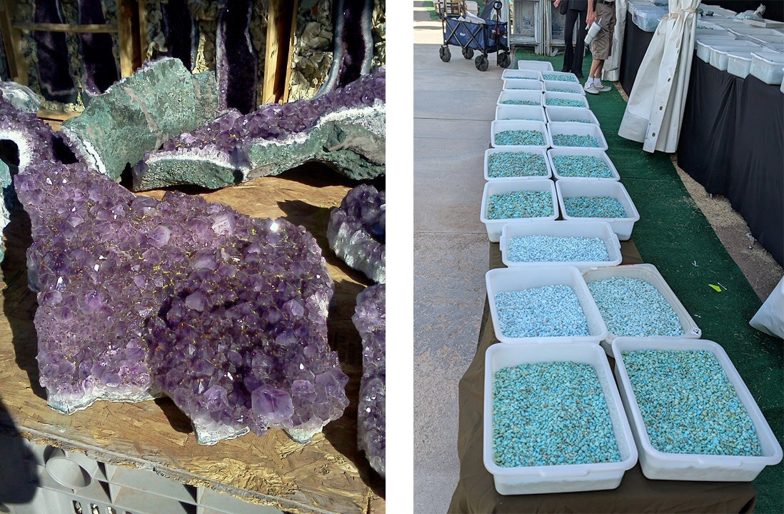 Amethyst specimen for sale at Tucson Gem Show, Tubs of turquoise rough for sale at Tucson Gem Show