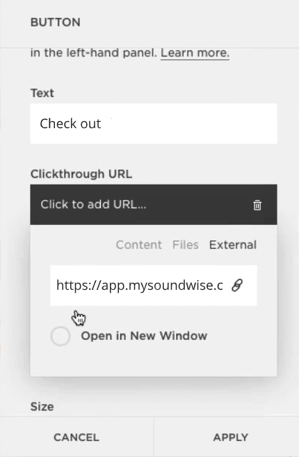 pasting Soundwise Checkout page URL into Squarespace button field