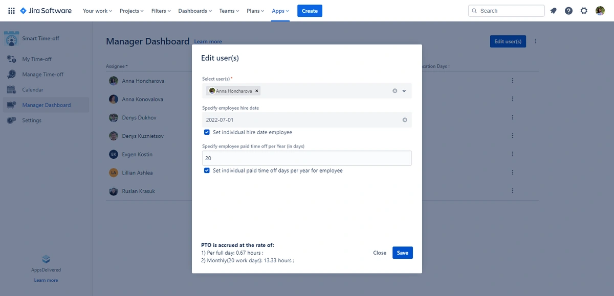 An interface window of a project management tool with options to edit user(s) information regarding vacation days and settings for auto-calculation of time off.