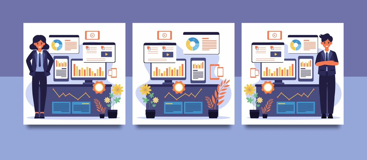 Vector illustration of business professionals presenting data and analytics on large display boards.