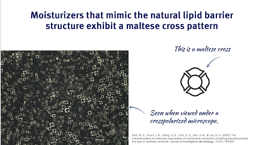 Moisturizers that mimic the natural lipid barrier structure exhibit a maltese cross pattern.