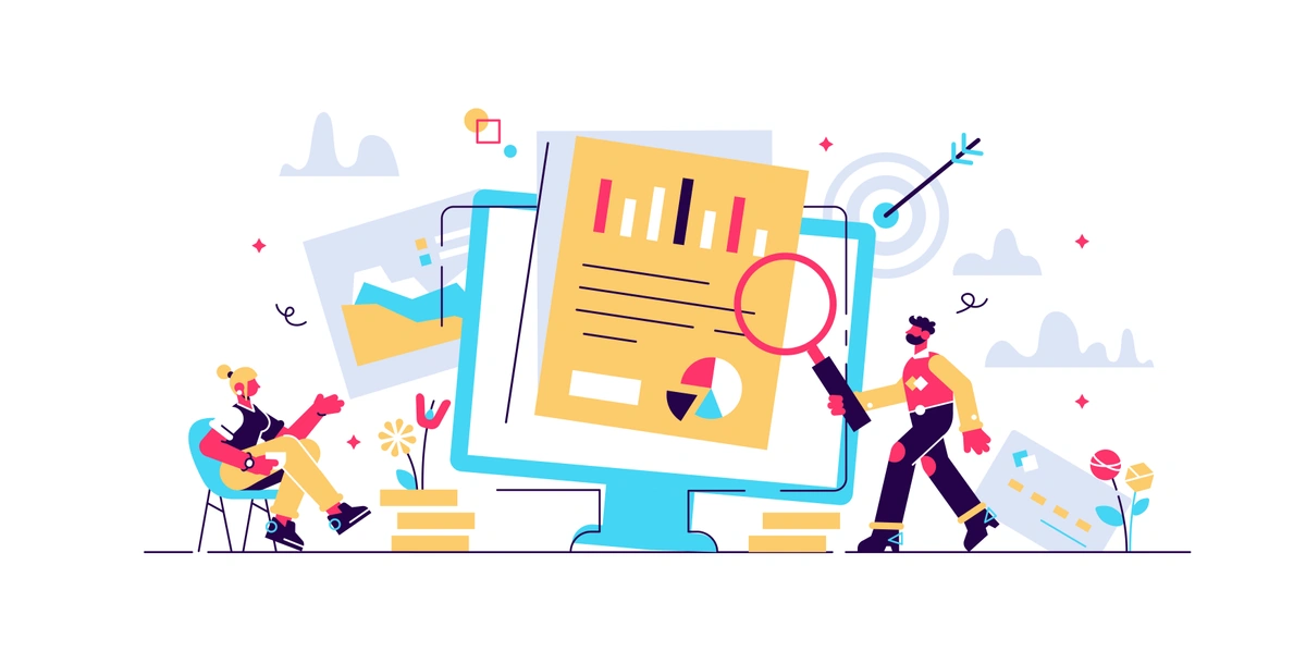 A creative and playful illustration in a flat design style showing a person with a magnifying glass examining a large computer monitor displaying charts and graphs, indicating data analysis or market research.