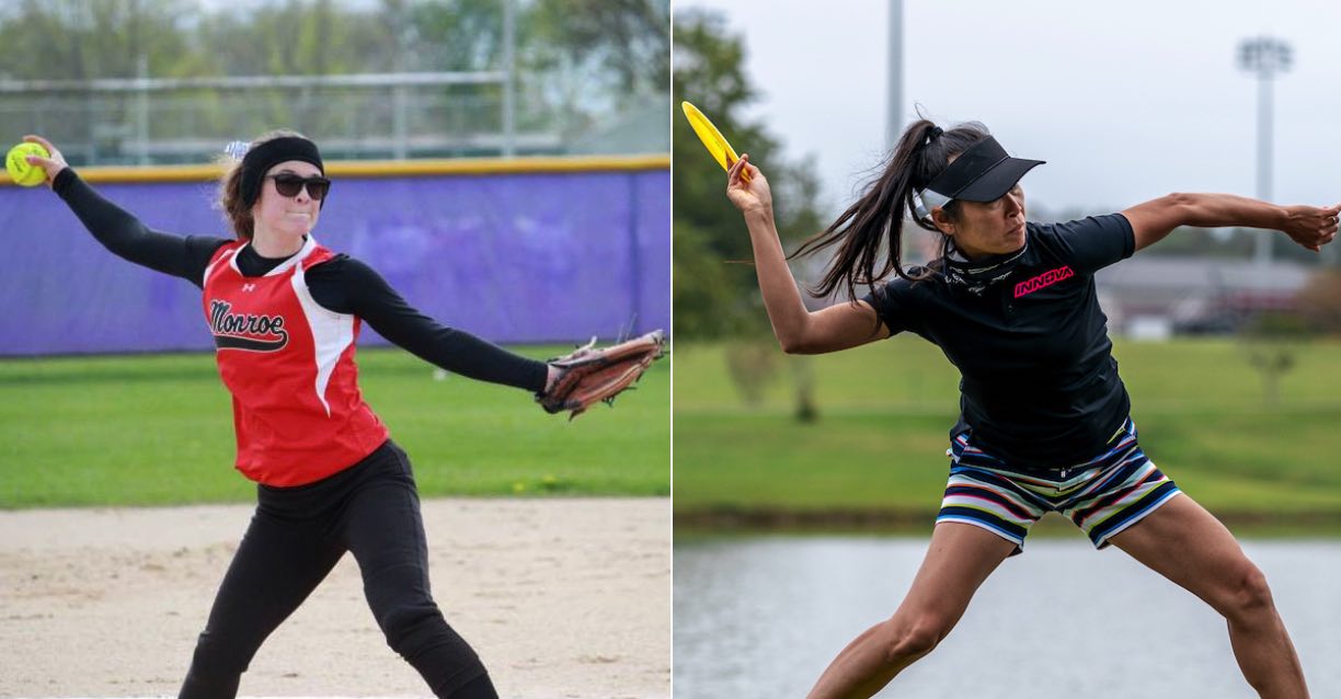 Two images. Left: A woman about to throw a softball pitch. Right: A woman about to throw a disc sidearm.
