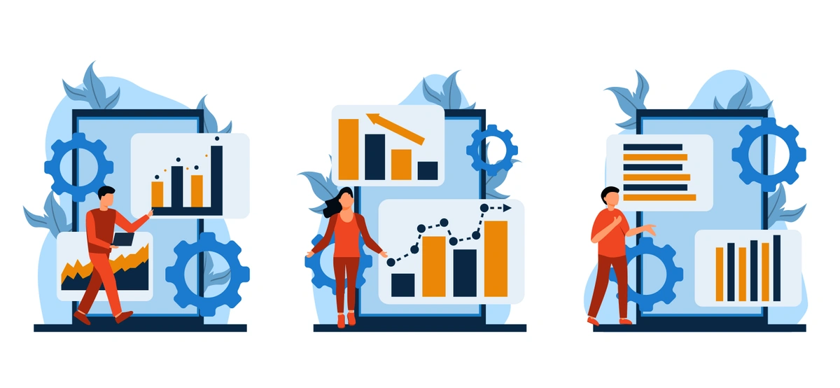 shows three pairs of individuals interacting with large, abstract representations of data analysis and business metrics. Each pair is engaged in discussion or analysis of bar graphs, line charts, and pie charts that are integrated into the backdrop, indicating a focus on data-driven decision making.