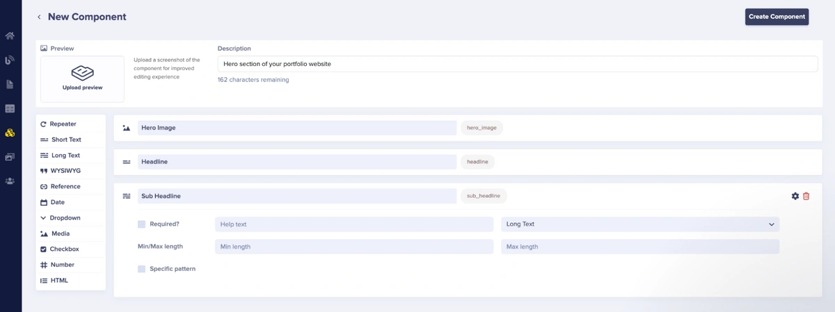 Hero Section component configuration