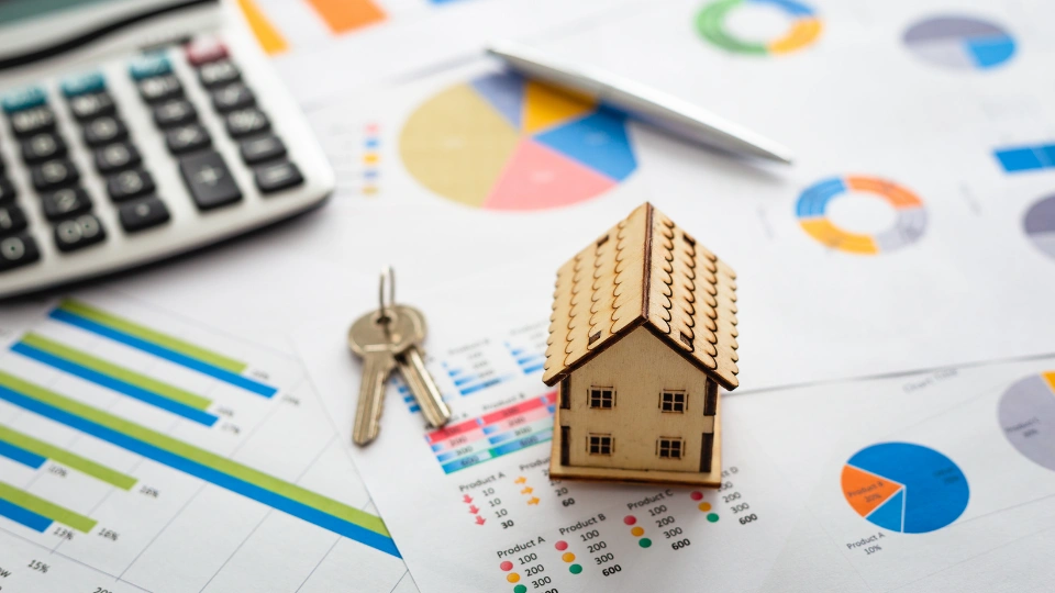 Color image depicting a real estate market and property concept.