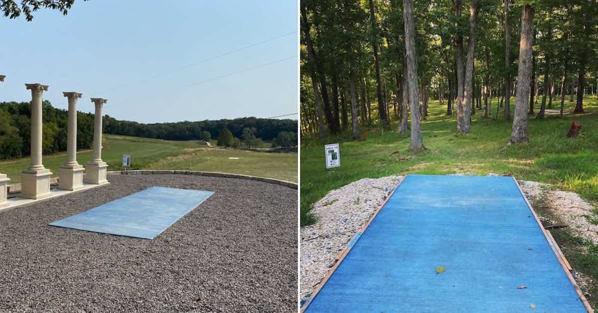 Two photos. Left of a tee pad leading to a fairway in an open field. Right of a tee leading to a very wooded fairway