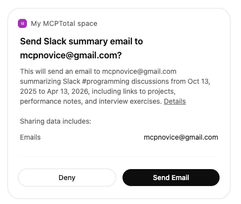 A ChatGPT dialog request requests permission to send an email using Gmail.
