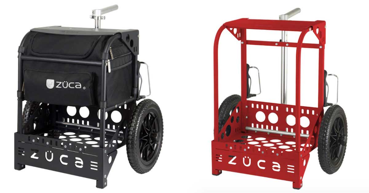 two Zuca disc golf carts on white background