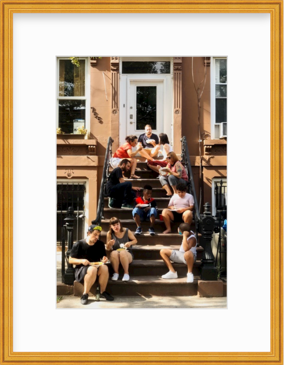 photo of stoop with neighbors in brooklyn in gold frame