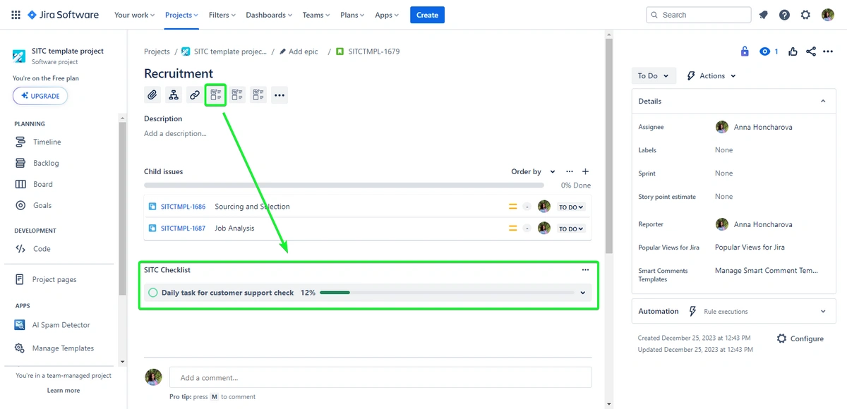  A screenshot of a project management interface detailing a "Recruitment" issue with sections for description, child issues, and checklists, including a task for customer support check with progress indicated. The right panel shows assignment and status details.