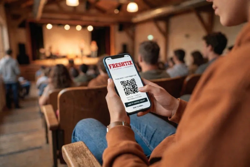 Attendee holding a FreshTix mobile ticket with QR code inside a seated concert venue