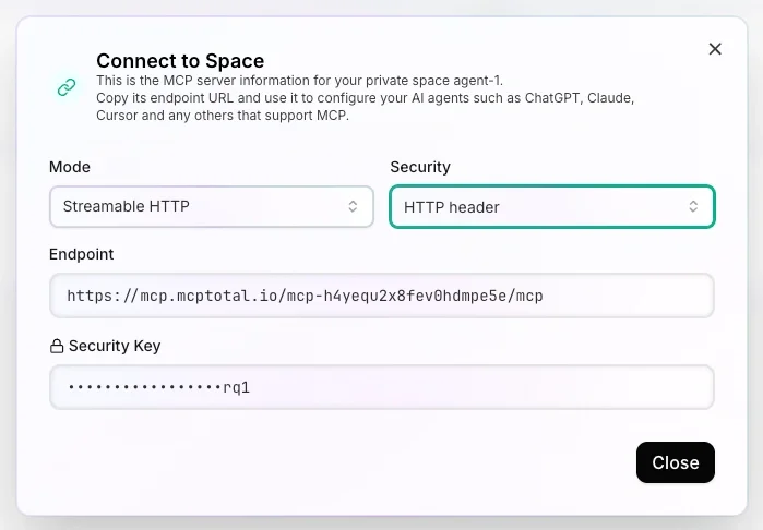 Screenshot shows the connect to space dialog with the HTTP heeder security option selected and showing the endpoint and security key.
