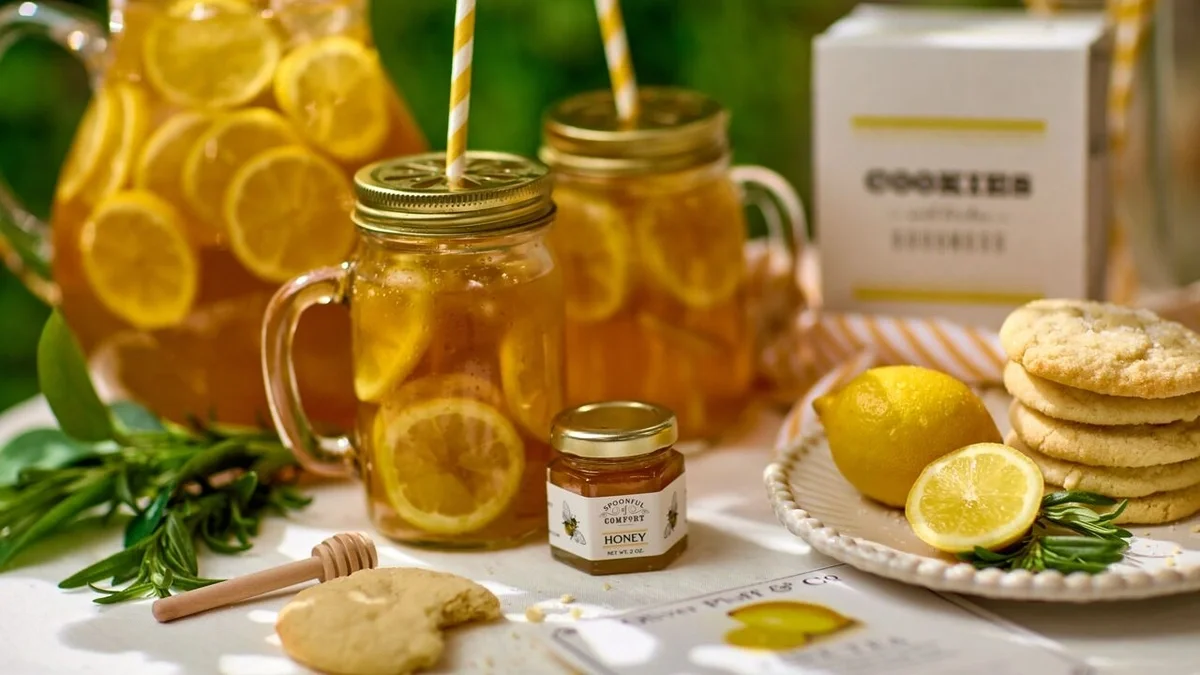 Styled product scene featuring an open gift box filled with white packing paper, surrounded by jars of iced lemon tea with straws, fresh lemons, cookies, a small jar of honey, and branded packaging arranged on a light tabletop.