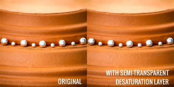 Comparison of original image with silver beads reflecting environment and image with a semi-transparent desaturation layer