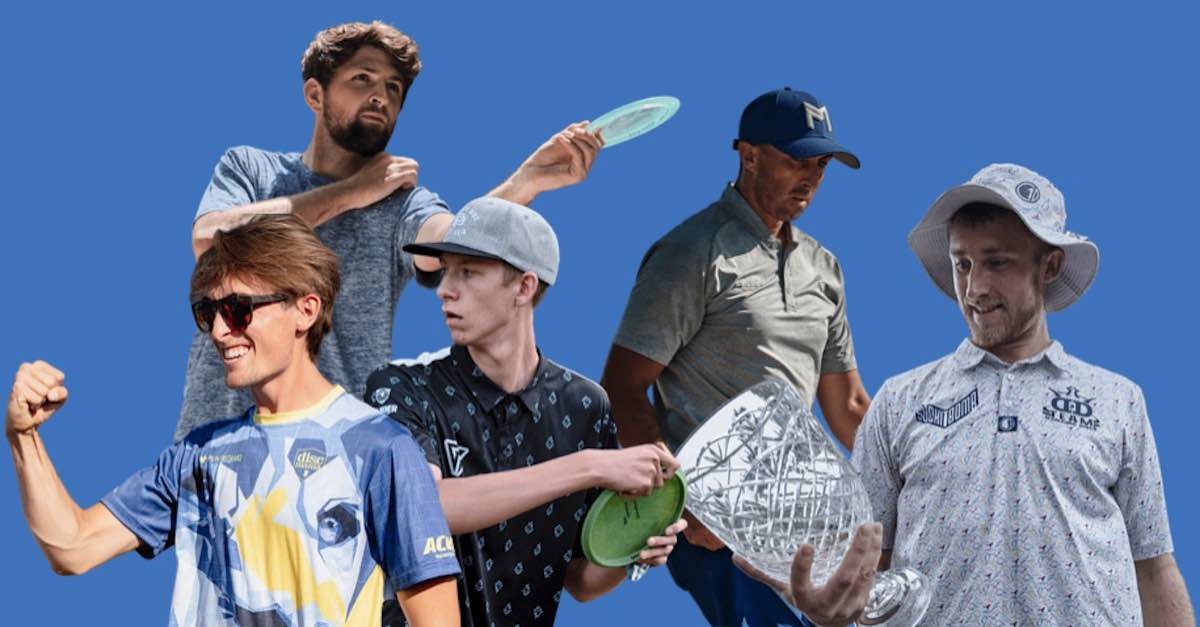 Five male pro disc golfers transposed onto a blue background