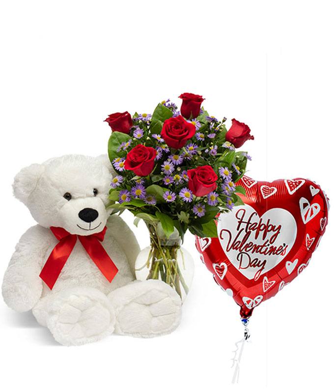 teddy bear flowers and balloon gift set
