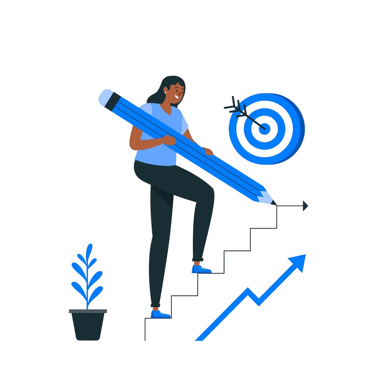 A woman holding a large pencil climbs stairs toward a target, symbolizing goal-setting and progress.