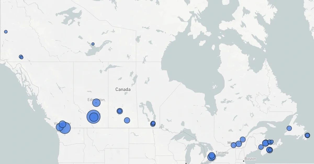 Blue dots on map indicating the most popular courses in each Canadian province and territory for 2025