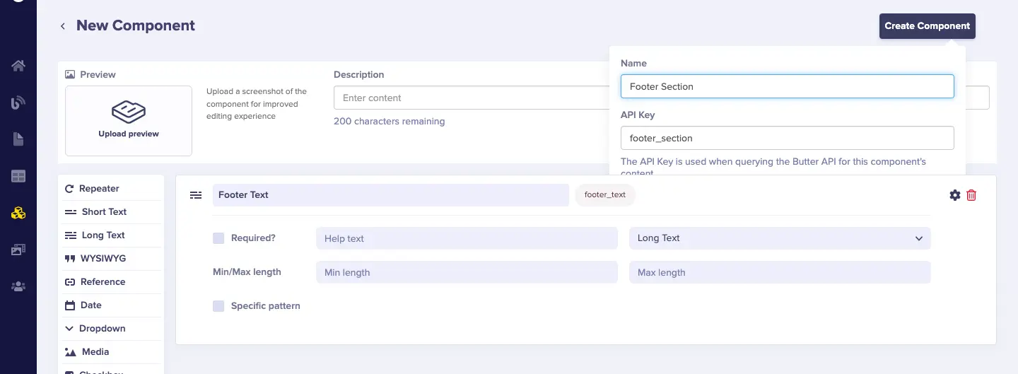 footer section component configuration and name