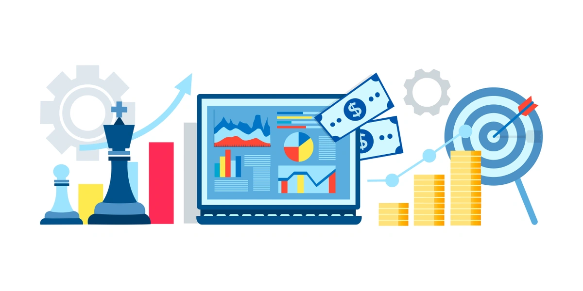 An illustration depicting business strategy and financial growth, with chess pieces, gears, a laptop with graphs, and money elements, symbolizing strategic thinking and success.