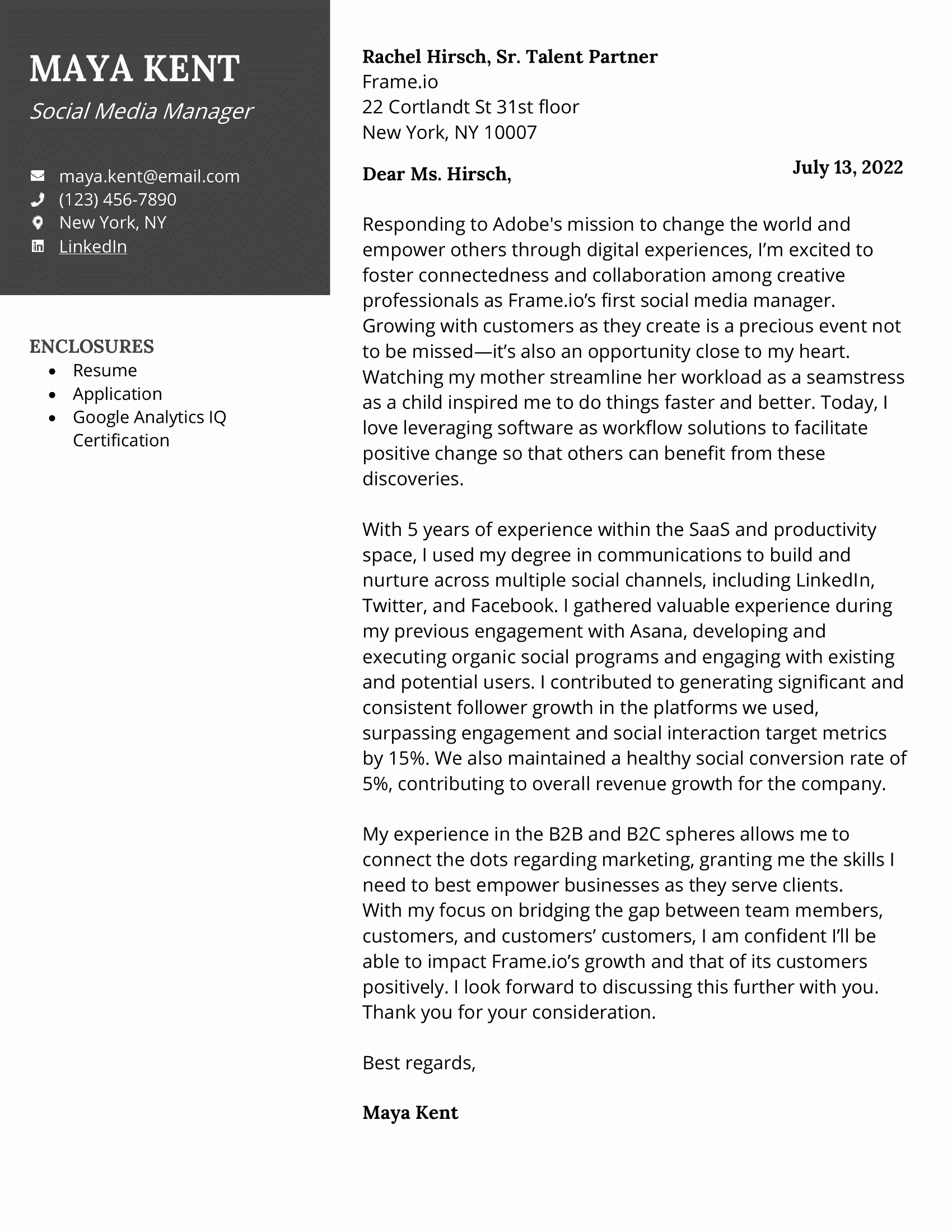 Social media manager cover letter with black contact header