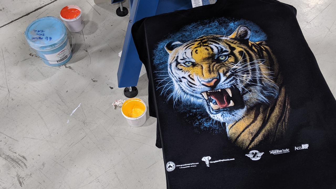 A soft, vibrant screen printed t-shirt at The M&R Companies HQ