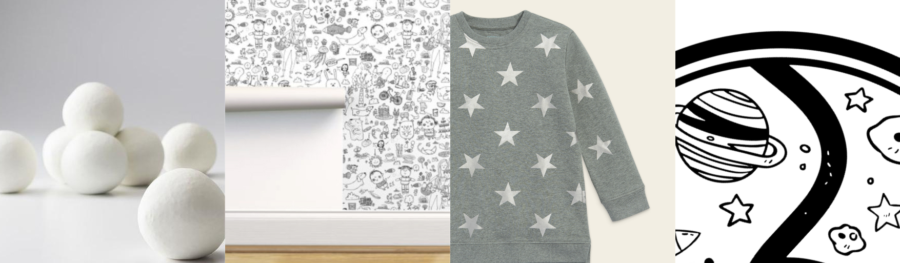 white play snowballs, black and white illustrated wallpaper, gray sweater with silver stars, black and white space playmat