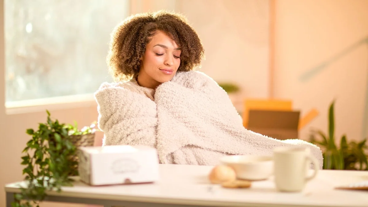 Person wrapped in a cozy throw blanket, sitting at a table with eyes closed and a peaceful smile, with a mug, rolls, and Spoonful of Comfort packaging nearby.