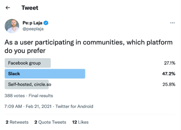 Screenshot: Peep Laja's tweet surveying user preferred community platforms