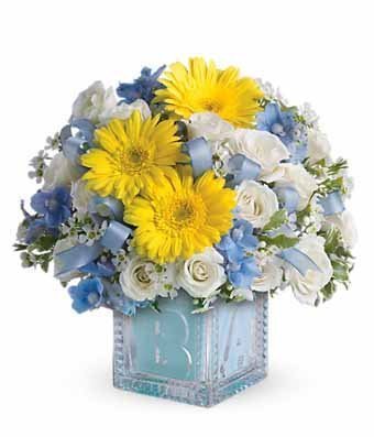 Blue and Yellow Flowers in Light Blue Cube