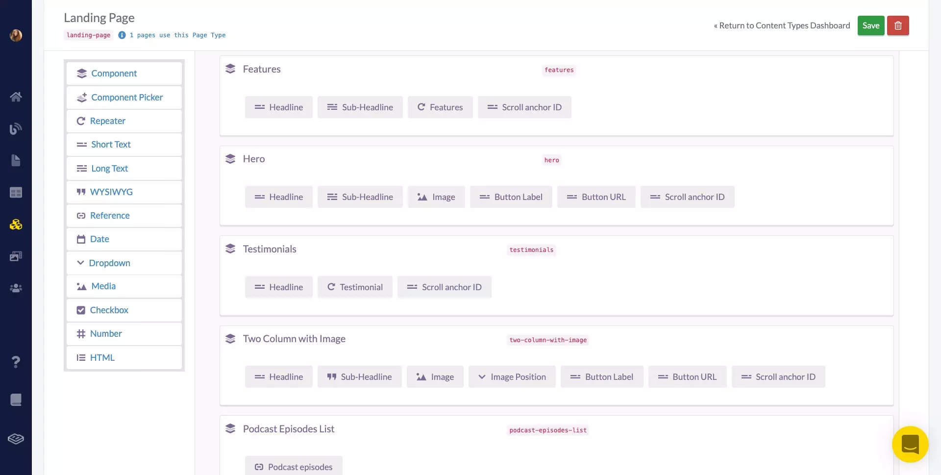 Landing Page page type schema in ButterCMS