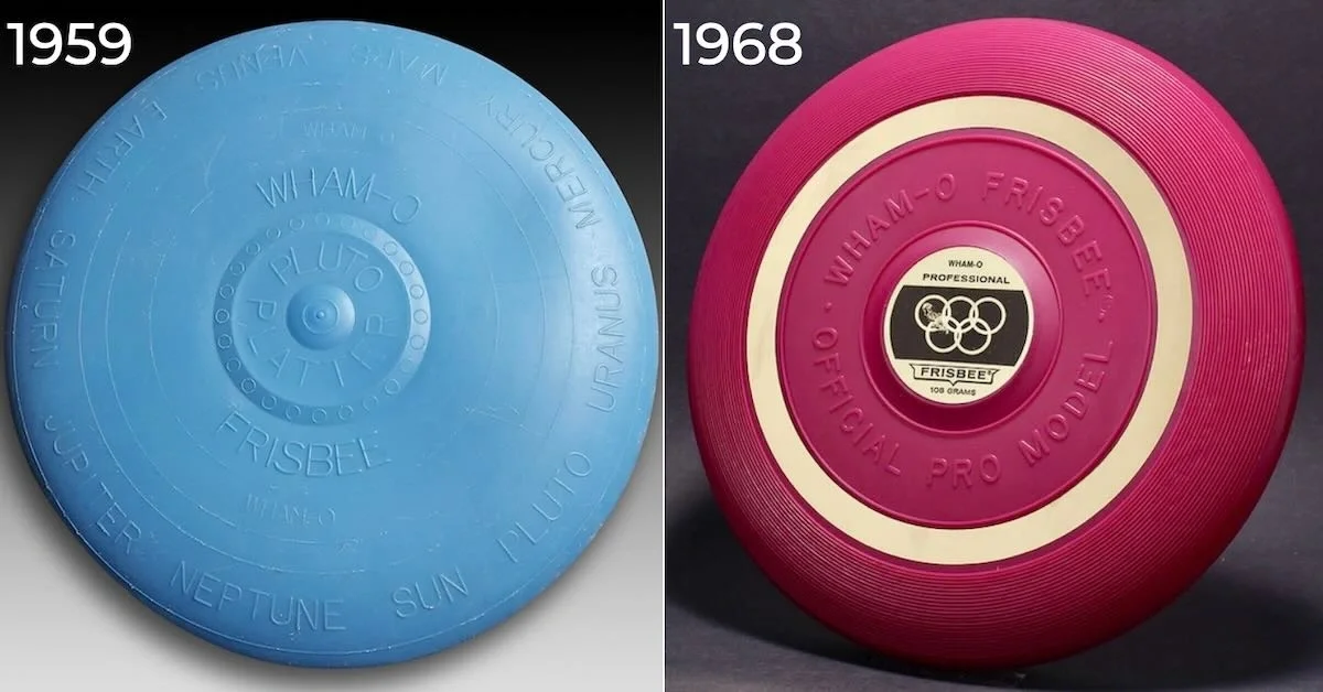 Two Wham-O Frisbees side-by-side, one blue and one maroon. Left is 1959 models with thinner plastic and planet names. Right is sturdier-looking and says "pro model"