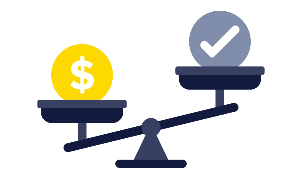 A scale with cost on one side and a check mark on the other