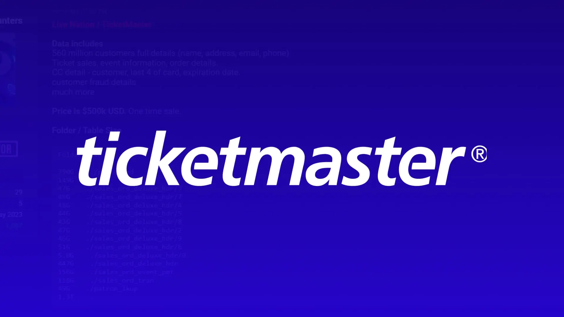 The logo of Ticketmaster on a blue background, with behind that a screenshot of the attacker's profile on BreachForums.