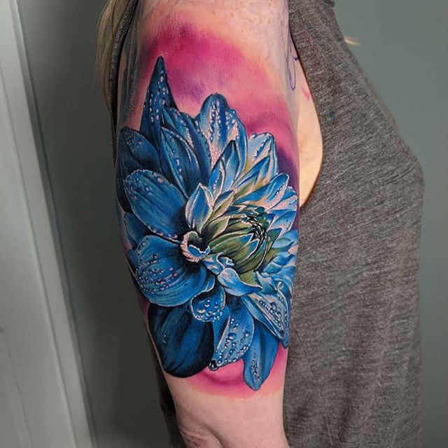 Realistic Blue Dahlia tattoo