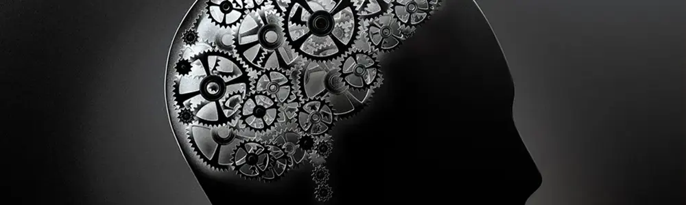 silhouette illustration of human head with gears for brain